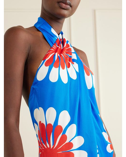 Cala De La Cruz Blue Oliviera Floral-Print Satin Halterneck Maxi Dress