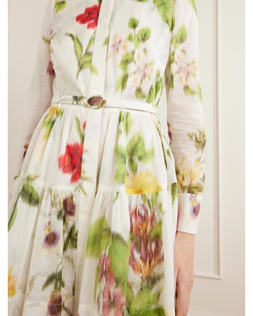 Oscar de la Renta White Belted Floral-Print Cotton-Voile Mini Dress