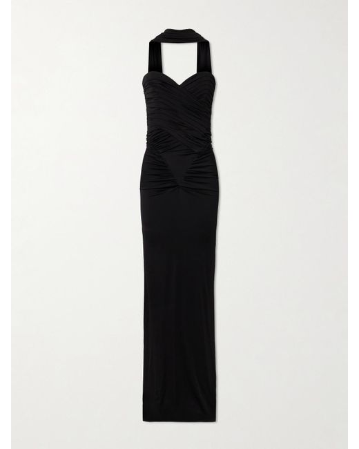 The New Arrivals Ilkyaz Ozel Black Samsara Strapless Gathered Stretch-Satin Gown