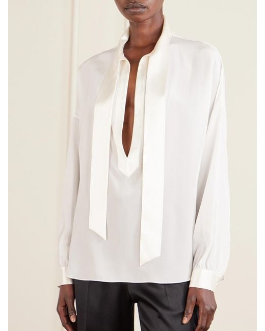 Tom Ford Natural Pussy-Bow Satin-Trimmed Silk Crepe De Chine Blouse