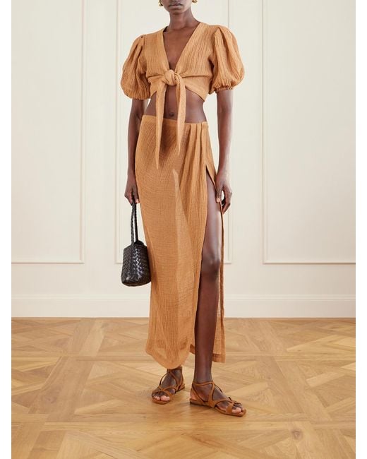 Lisa Marie Fernandez Brown Pouf Cropped Linen-Blend Gauze Wrap Top