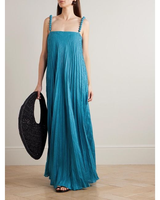 ANDRES OTALORA Blue Un Ritmo Bead-Embellished Plissé-Linen Maxi Dress