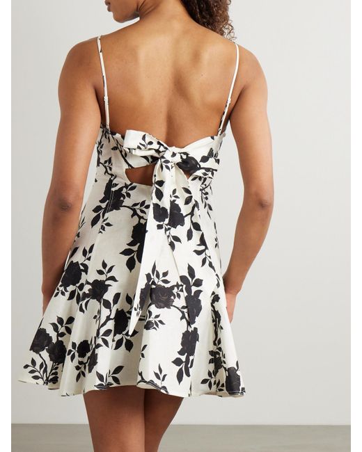 Self-Portrait White Minikleid Aus Einer Leinen-Baumwollmischung Mit Blumenprint, Rückenausschnitt Und Schleife