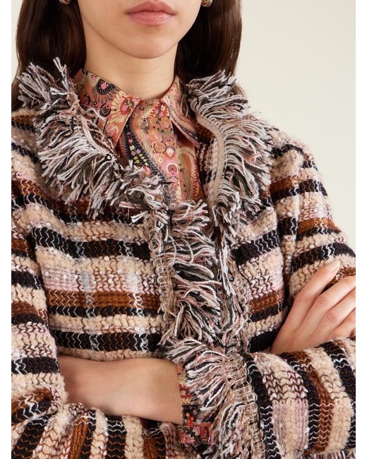 Etro Gray Fringed Checked Tweed Jacket