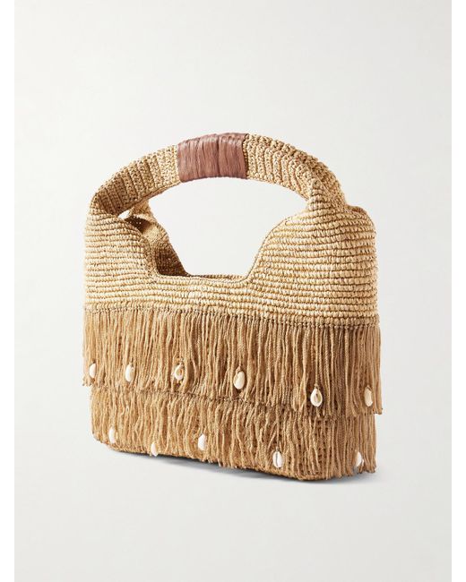 Sensi Studio Metallic Leather-Trimmed Embellished Fringed Straw Tote