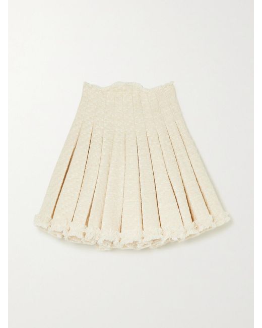Balmain Natural Frayed Pleated Cotton-Blend Tweed Mini Skirt