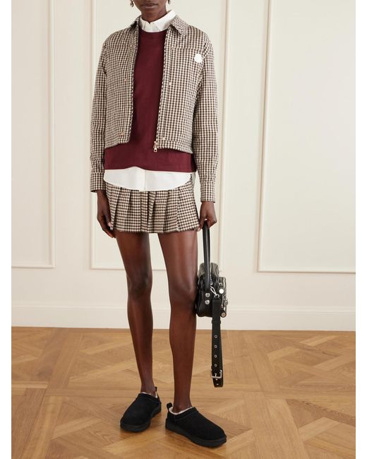 Moncler Brown Appliquéd Pleated Gingham Cotton-Blend Mini Skirt