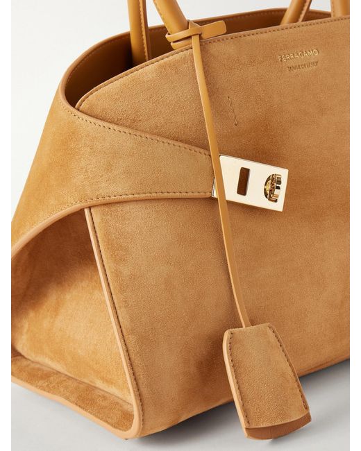 Ferragamo Natural Hug Small Embellished Leather-Trimmed Suede Tote