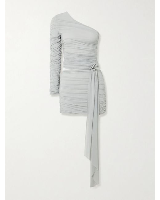 Maygel Coronel White Socarras Appliquéd Ruched Stretch-Mesh One-Shoulder Top And Mini Skirt Set
