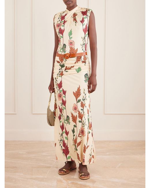 Johanna Ortiz Metallic Hibiscus Compass Floral-Print Satin Maxi Dress