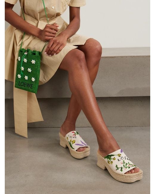 Loewe Metallic Paula's Ibiza Petal Embroidered Canvas Platform Espadrille Mules