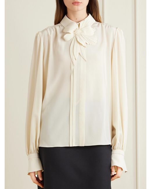 Valentino Garavani Natural Bow-Embellished Silk-Crepe De Chine Blouse