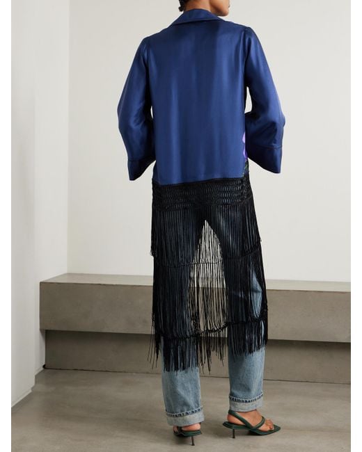Borgo De Nor Blue Calliope Fringed Macramé-Trimmed Floral-Print Silk-Twill Jacket