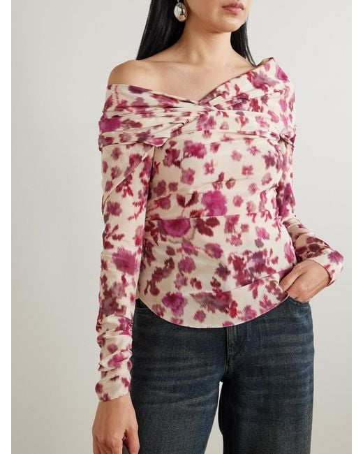 Isabel Marant Pink Danka Off-The-Shoulder Draped Floral-Print Stretch-Silk Top