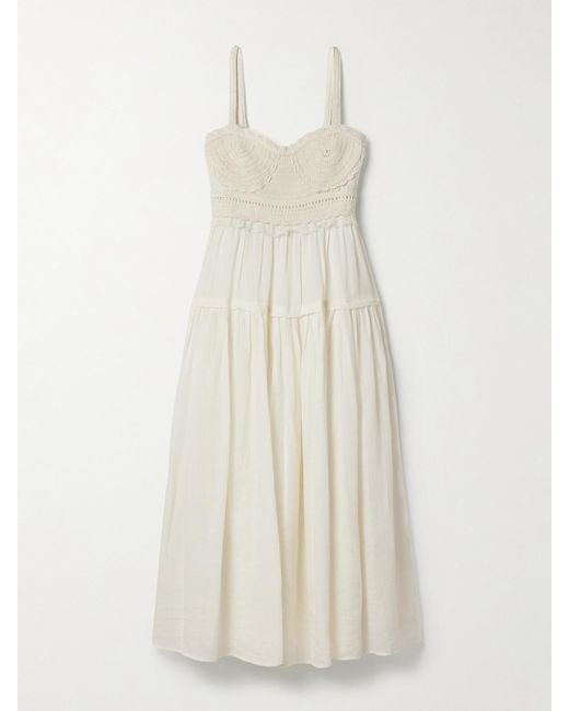 Ulla Johnson White Gisella Ruffled Crocheted Cotton-Trimmed Ramie Midi Dress