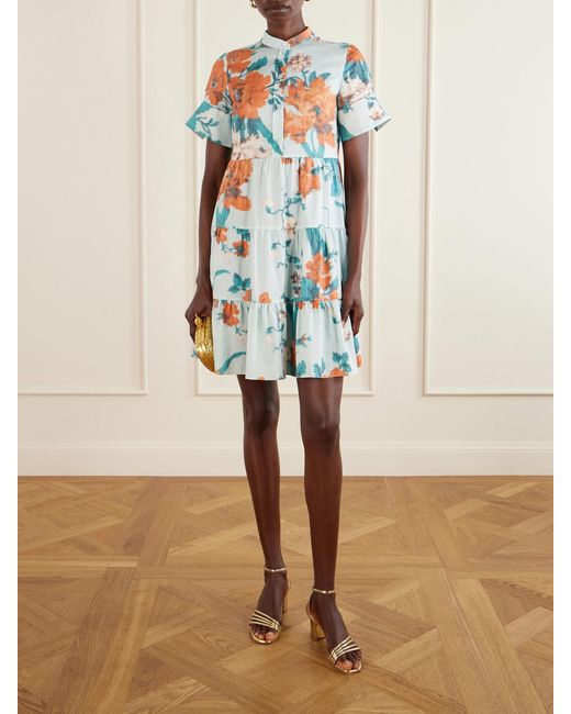 Erdem Blue Tiered Floral-Print Cotton Mini Dress