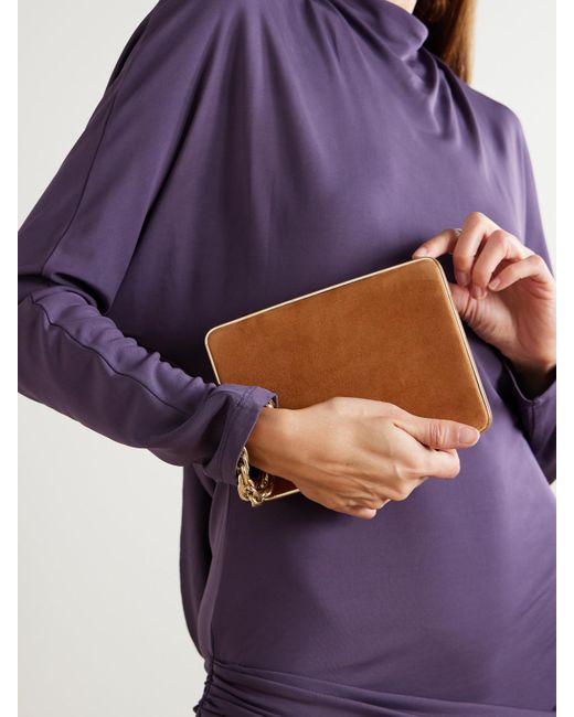 Hunting Season Brown Square Compact Leather-Trimmed Suede Clutch