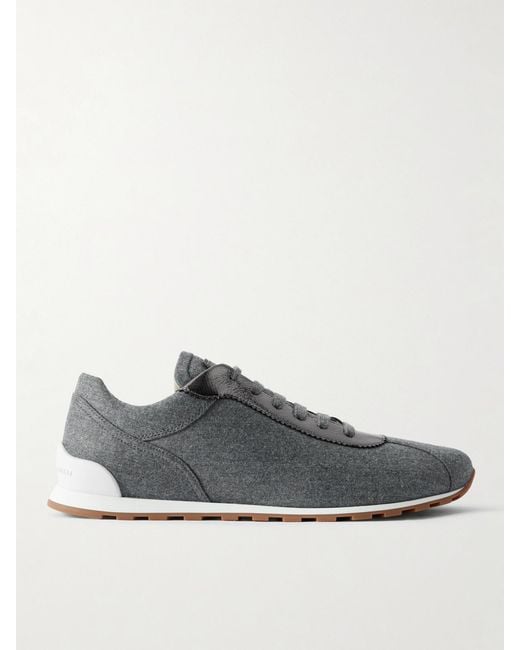 Brunello Cucinelli Gray Metallic Leather-Trimmed Wool Sneakers
