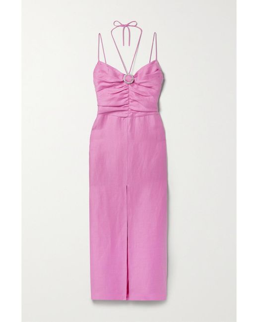 Rasario Pink Crystal-Embellished Linen-Blend Midi Dress
