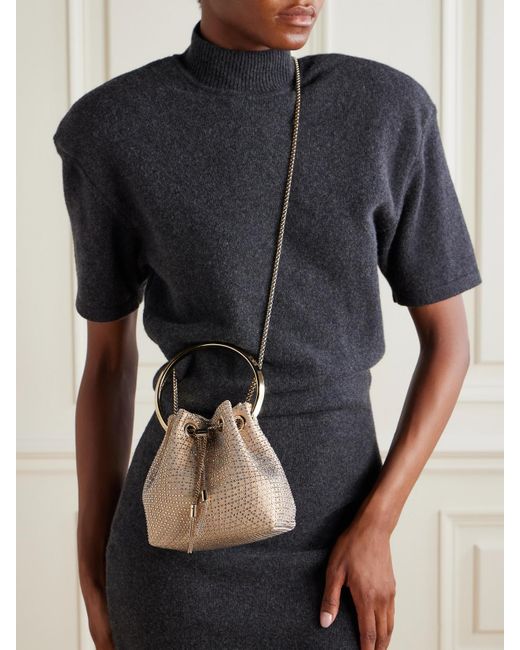 Jimmy Choo Natural Bon Bon Crystal-Embellished Mesh And Satin Bucket Bag