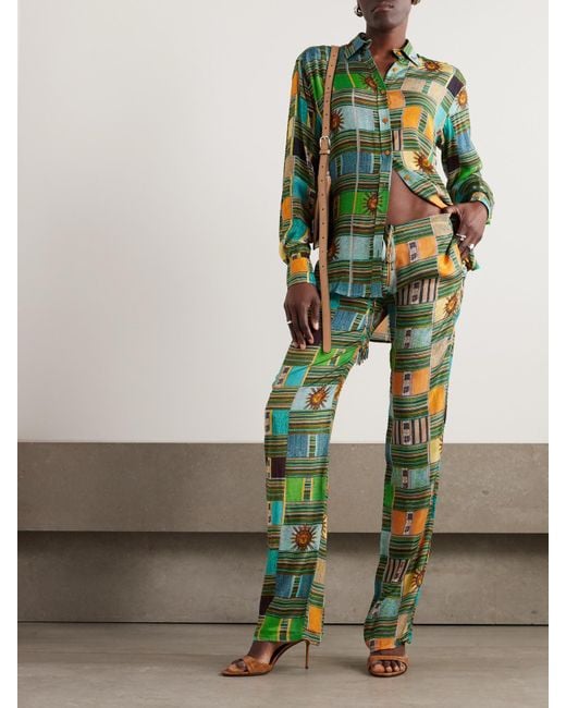 Siedres Green Tara Printed Cotton-Blend Straight-Leg Pants