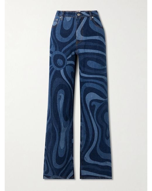 Emilio Pucci Blue Marmo Printed High-Rise Wide-Leg Jeans