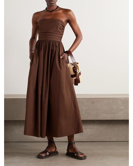 Matteau Brown Strapless Gathered Organic Cotton-Poplin Midi Dress