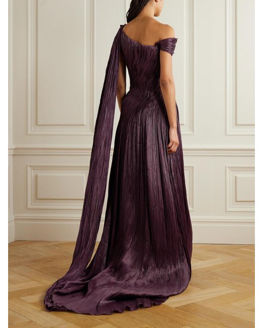 Marmar Halim Purple One-Shoulder Cape-Effect Draped Plissé Silk-Satin Gown