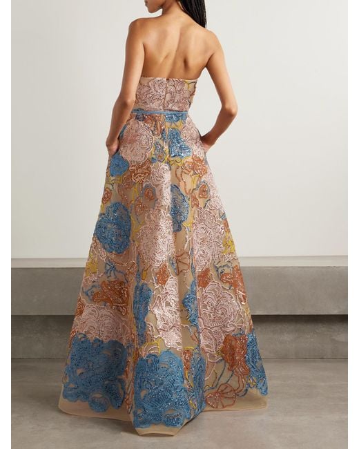 Elie Saab Blue Strapless Belted Sequin-Embellished Embroidered Tulle Gown