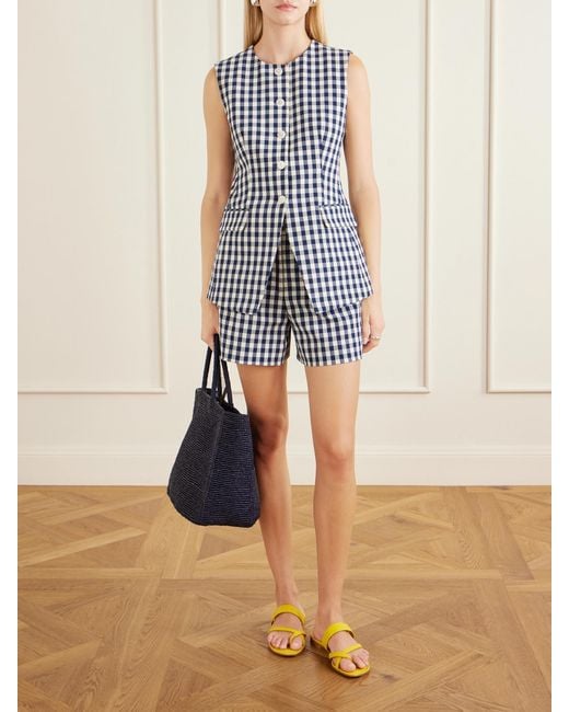 Veronica Beard Blue Haina Pleated Checked Stretch-Cotton Cloqué Shorts