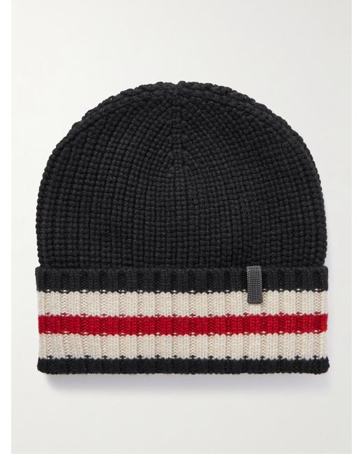 Brunello Cucinelli Black Beanie Aus Geripptem Kaschmir Mit Zierperlen Und Streifen