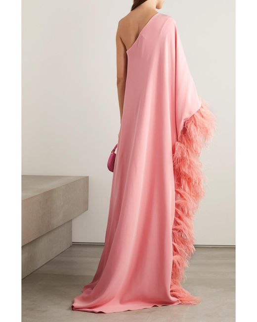 Monique Lhuillier Pink One-Sleeve Feather-Trimmed Silk-Crepe Gown