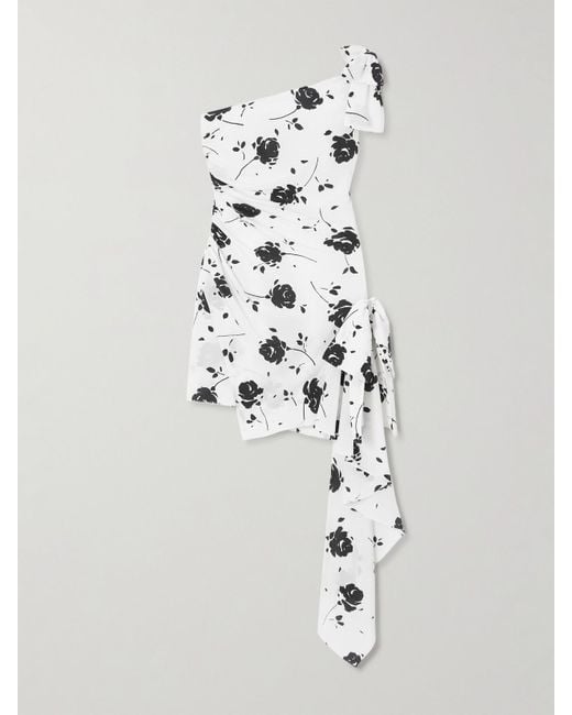 Alessandra Rich White One-Shoulder Bow-Detailed Gathered Floral-Print Silk Mini Dress