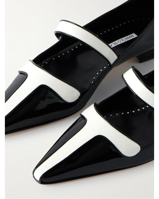 Manolo Blahnik Black Ganeus Two-Tone Patent-Leather Mary-Jane Point-Toe Flats