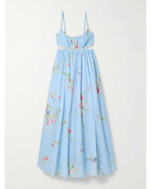 Zimmermann Blue Lucky Picnic Cutout Crocheted Lace-Trimmed Printed Cotton-Voile Maxi Dress