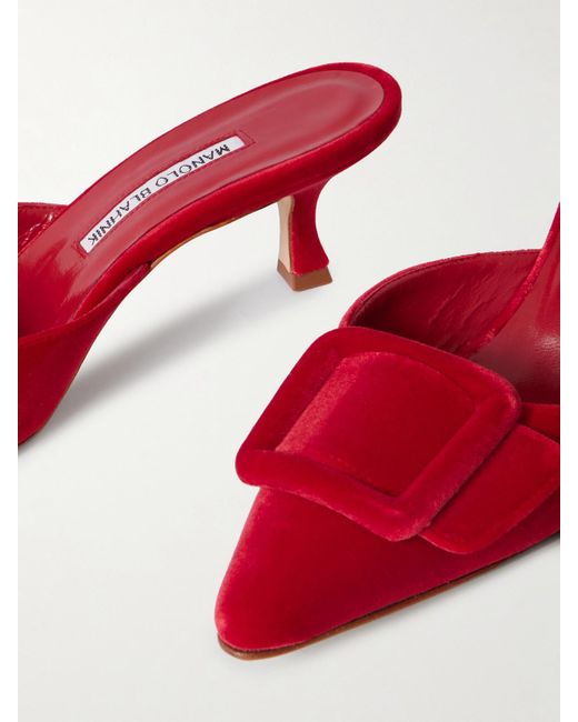 Manolo Blahnik Red Maysale 50 Buckled Velvet Mules