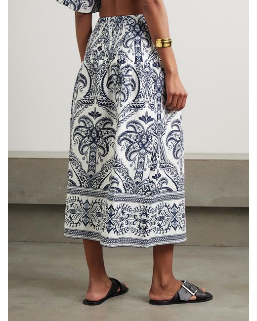 Farm Rio Blue Tripical Cameo Shirred Printed Linen Midi Skirt