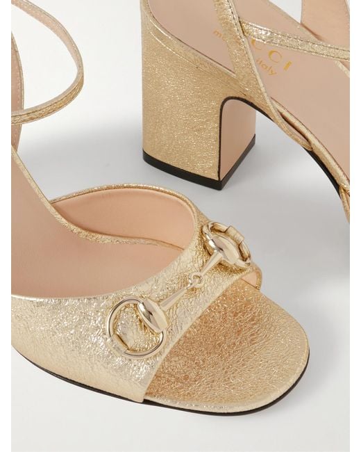 Gucci Natural Lady Horsebit Metallic Textured-Leather Sandals