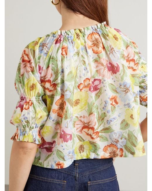 Doen White Inez Gathered Floral-Print Organic Cotton-Voile Blouse