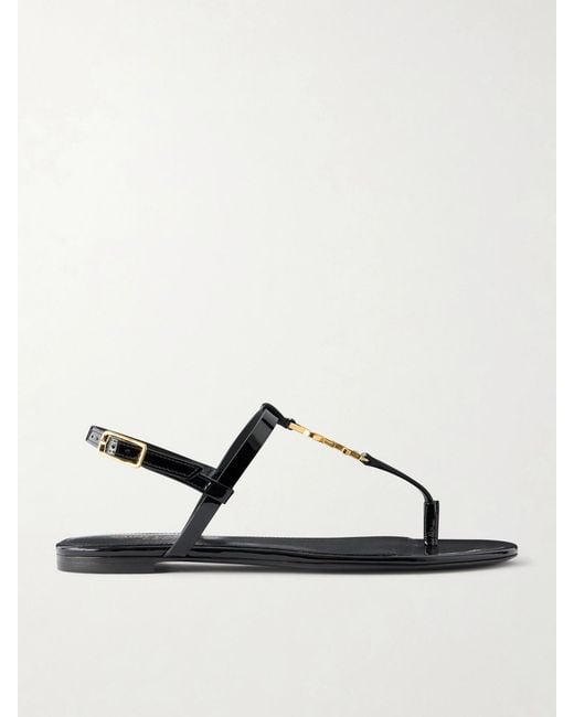 Saint Laurent Black Cassandre Logo-Embellished Patent Leather Sandals