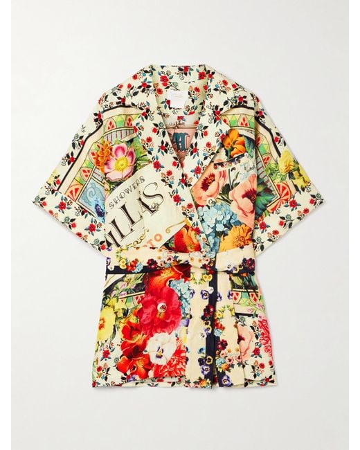 Camilla White Double-Breasted Belted Printed Linen And Silk-Blend Jacket