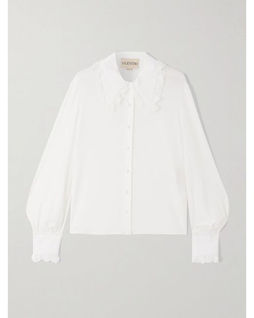 Valentino Garavani White Ruffled Silk-Crepe Shirt