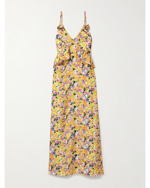 Kika Vargas Metallic Bel Maxikleid Aus Gehämmertem Crêpe Mit Blumenprint, Applikationen Und Rüschen