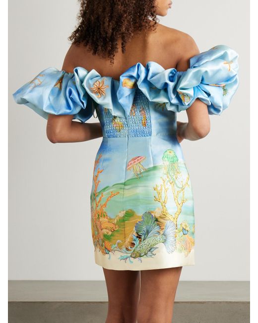 ALÉMAIS Blue Sam Pauletto Emerald Cove Off-The-Shoulder Gathered Printed Recycled Duchesse-Satin Mini Dress