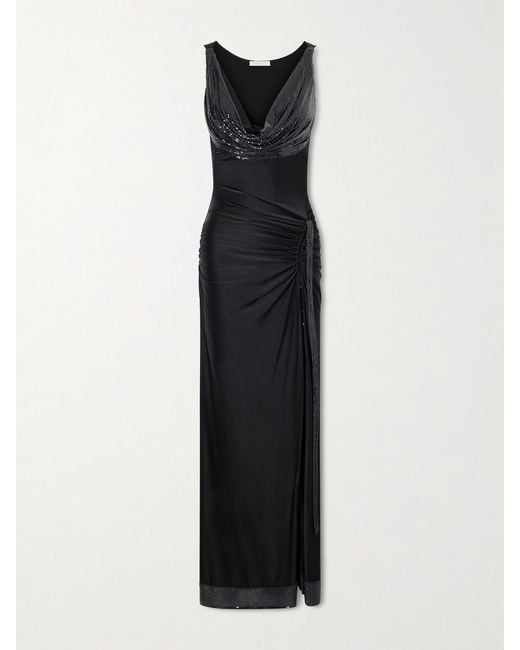 Rabanne Black Mesh-Detailed Jersey-Satin Maxi Dress