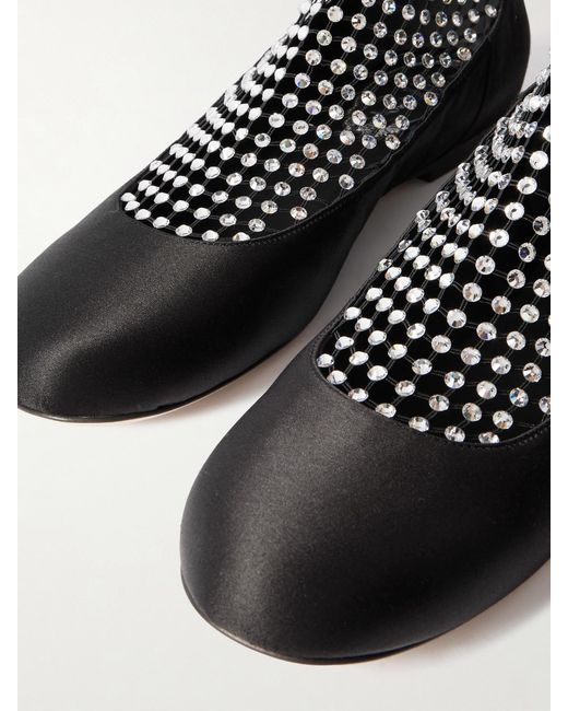 Rene Caovilla Black Crystal-Embellished Mesh-Paneled Satin Ballet Flats