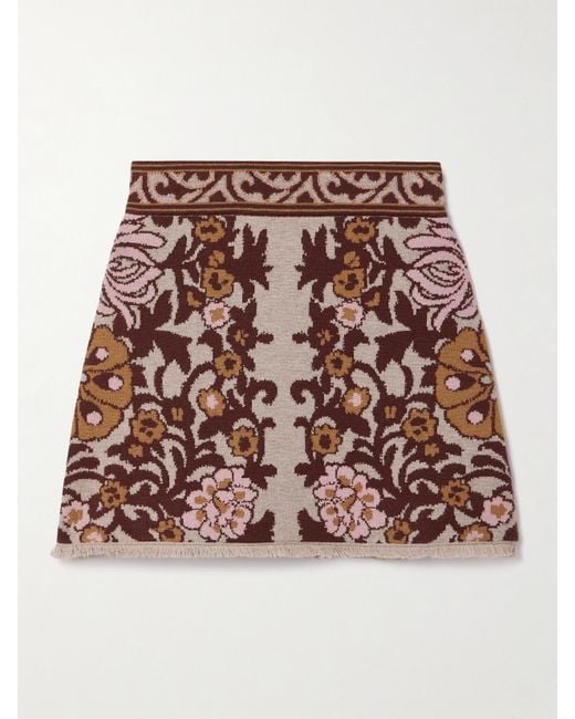 Mini-Jupe En Laine Et Coton Mélangés Jacquard À Franges Lindy Cara Cara en coloris Brown