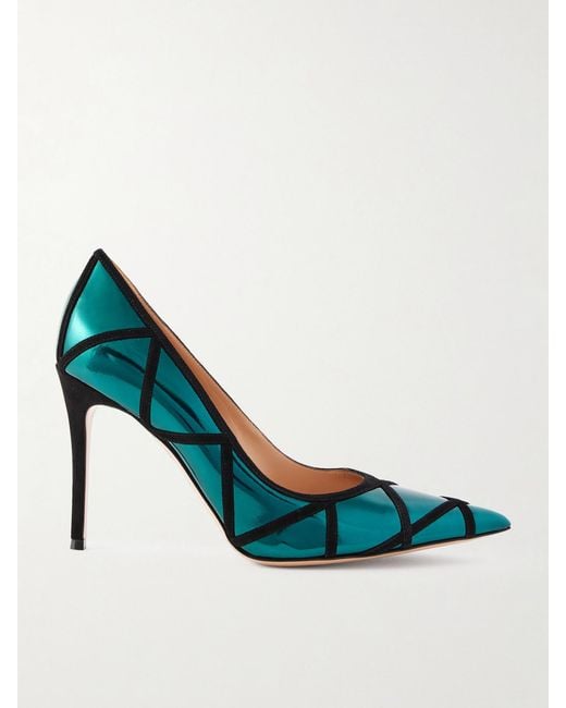 Gianvito Rossi Blue 95 Suede-Trimmed Mirrored-Leather Pumps