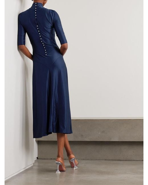 Rabanne Blue Crystal-Embellished Gathered Satin-Jersey Midi Dress