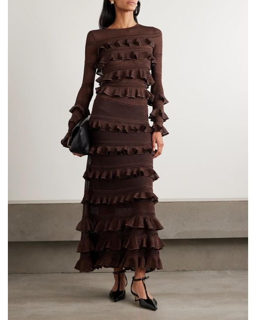 Zimmermann Brown Metallic Ruffled Pointelle-Knit Maxi Skirt